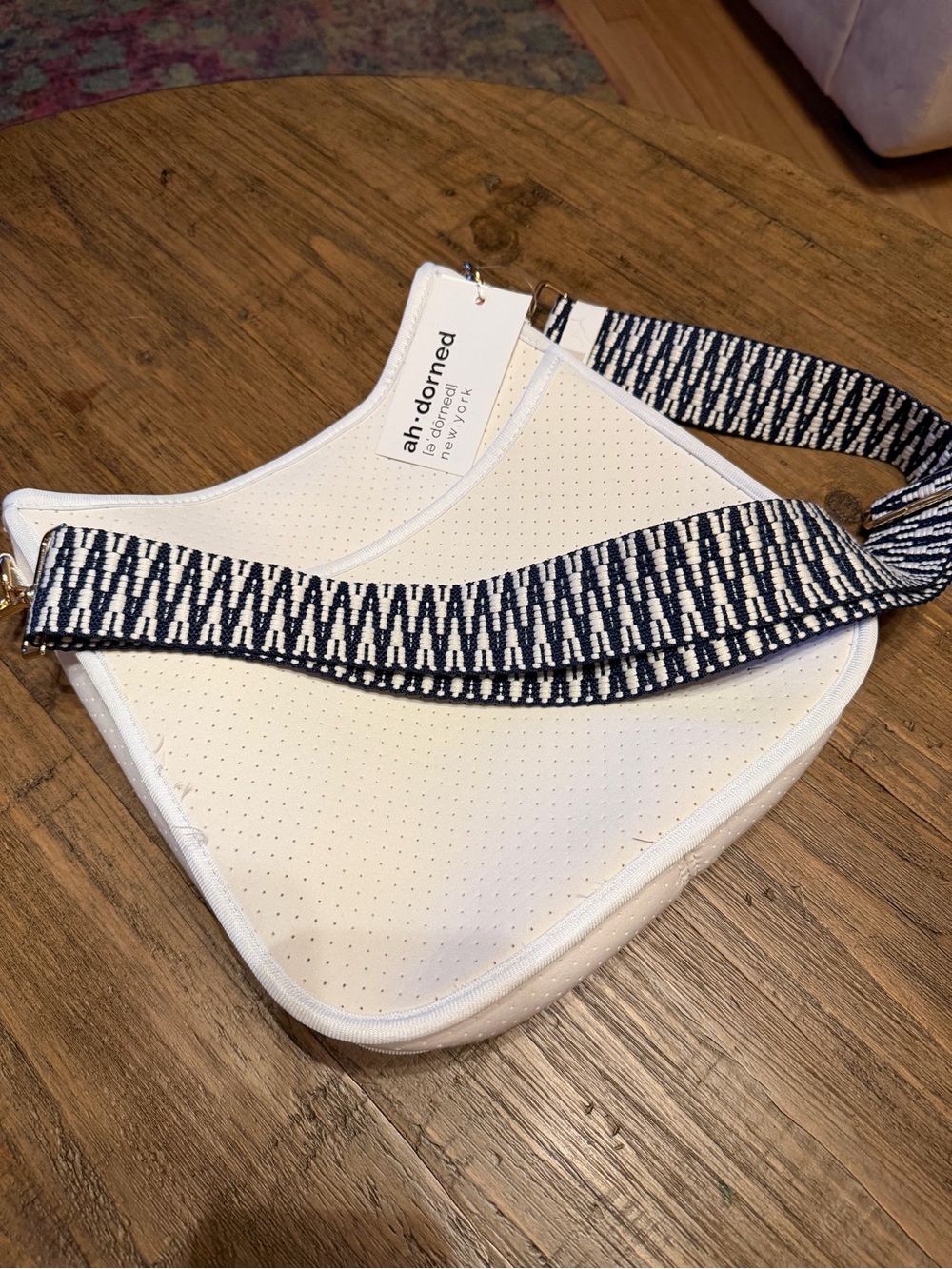 NEW ah-dorned White Perforated Crossbody Bag with Navy/White Strap